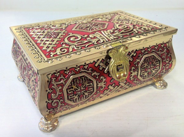 Vintage French Red and Gold Chinese Style Pattern Embossed Metal Cookie Tin for sale