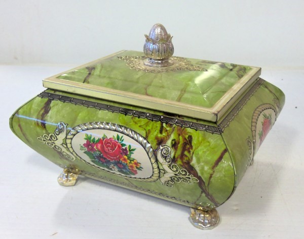 Vintage Harry Vincent Green Marble Floral Candy Tin with Finial Lid for sale