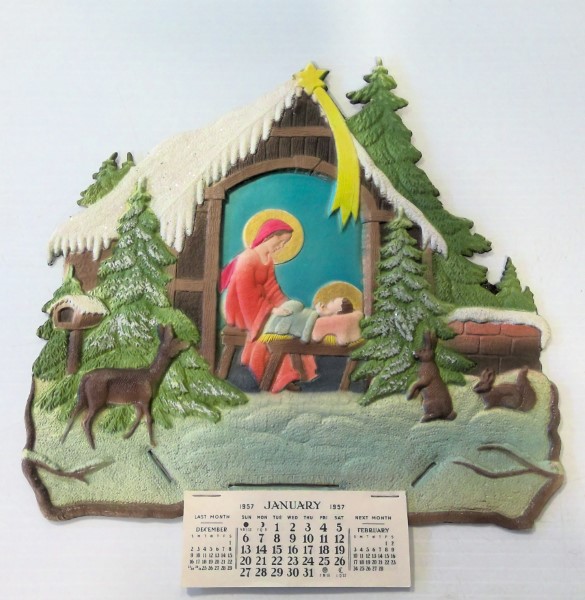 Vintage 1957 Wall Calendar on Embossed Cardboard Nativity Scene - Made in West Germany for sale