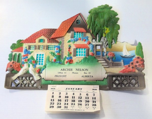 Vintage 1956 Wall Calendar on Embossed Cardboard Archie Nelson Provost Alberta for sale