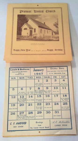 Vintage 1947 Provost United Church Wall Calendar - Provost Alberta for sale