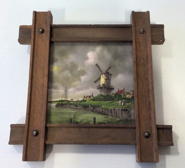 Vintage Dutch Windmill Framed Ceramic Tile for sale