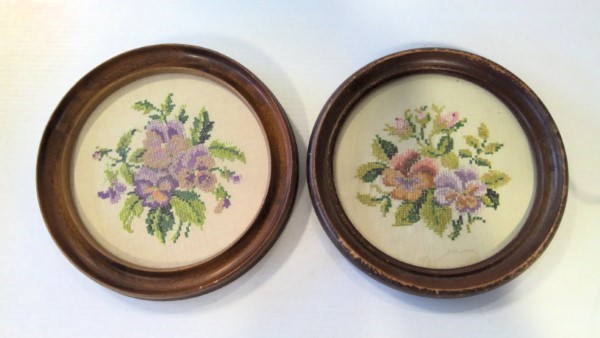 Set of 2 Vintage Framed Floral Needlepoint Embroidery for sale