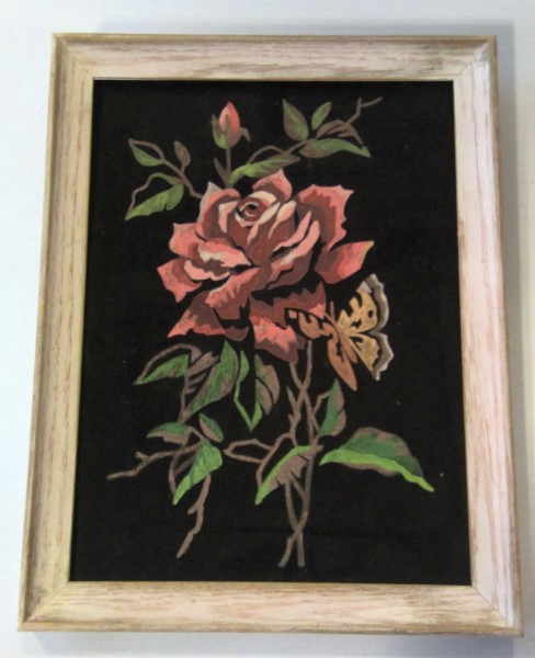 Vintage Velvet Painting of a Rose Wood Frame - original for sale