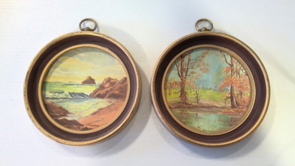 2 Small Round Framed Paintings on Art Board - Signed J. Francisco for sale