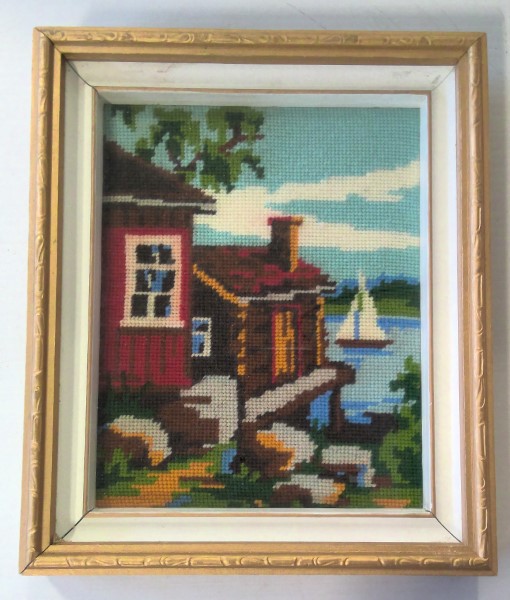 Vintage Framed Needlepoint Embroidery Lake House for sale