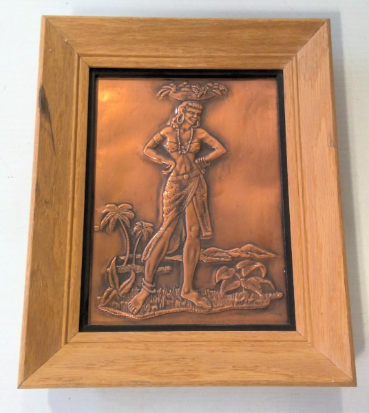 Copper Hammered art of Island Lady Palm trees in Vintage Frame for sale