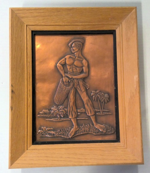 Copper Hammered art of Island Drummer Palm trees in Vintage Frame for sale