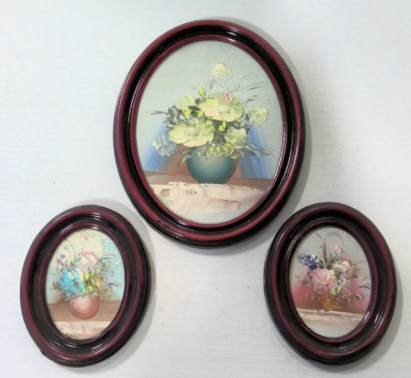 Set of 3 Vintage Acrylic Floral Paintings in Oval Frames for sale