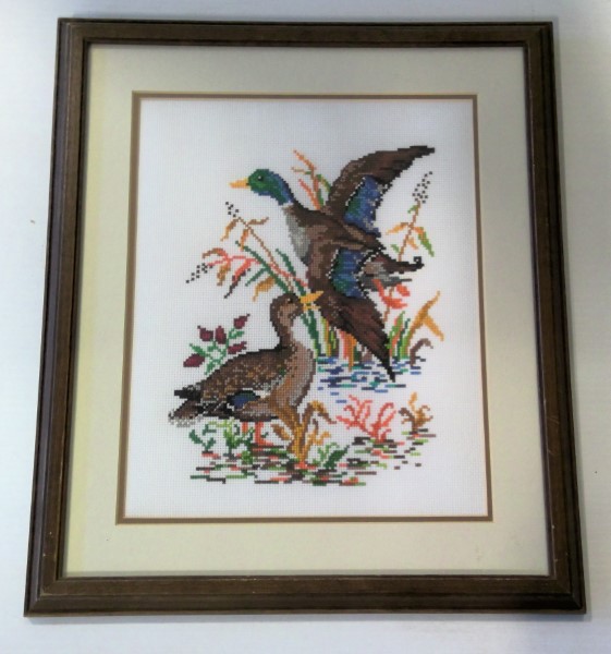 1940s McCall Pattern 'The Mallards' Cross-stitch in Wooden Frame (Matted) for sale