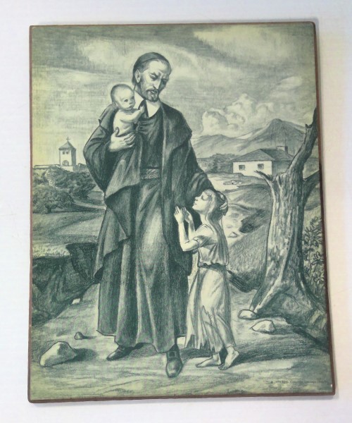 1959 Religious Artwork on Hardboard of Priest and Children for sale