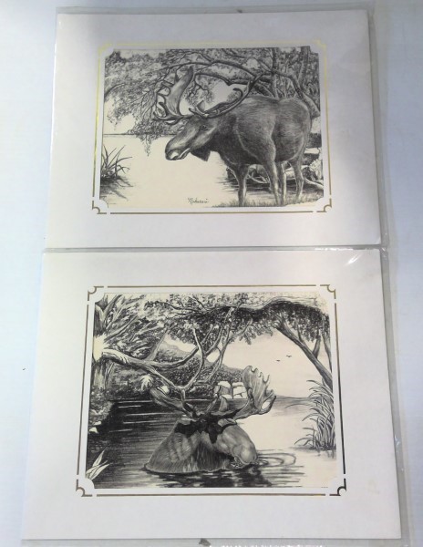 Set of 2 Maharani's Art Pencil Drawings of Moose - Matted Prints for sale