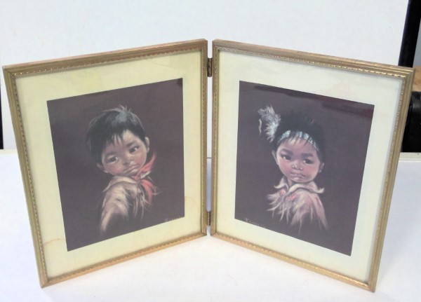 Lot of 2 Dorothy Francis First Nations Children Prints in Folding Gold Tone Frame for sale