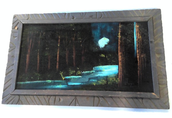 Vintage Velvet Painting in Retro Wood Frame for sale