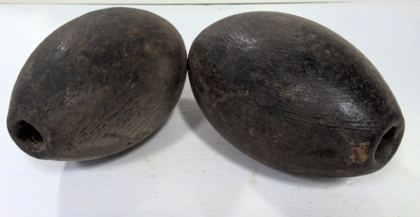 Lot of 2 19th Century Carved Wood Fishing Net Floats for sale