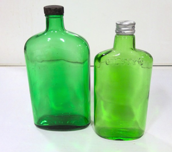 Lot of 2 Vintage Green Glass Gin Bottles - For Decor. for sale