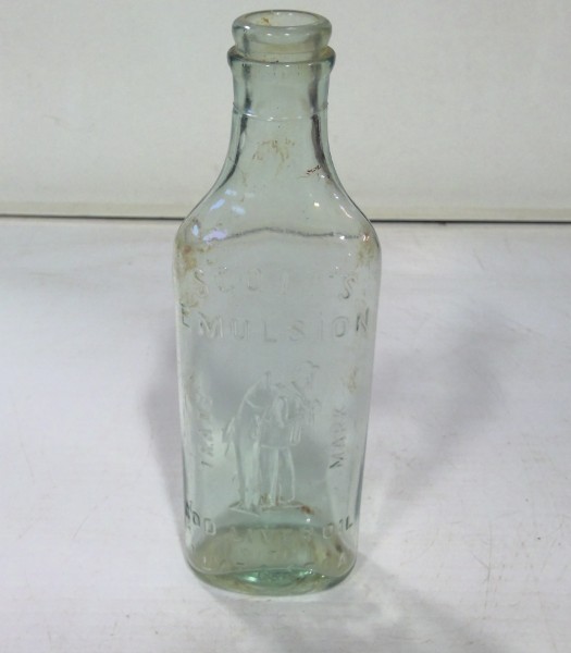 Antiques Scott's Emulsion Cod Liver Oil Embossed Glass Bottle for sale