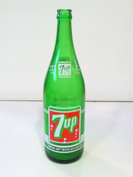 Vintage 28 Oz. Glass 7up Bottle - Green Glass for sale