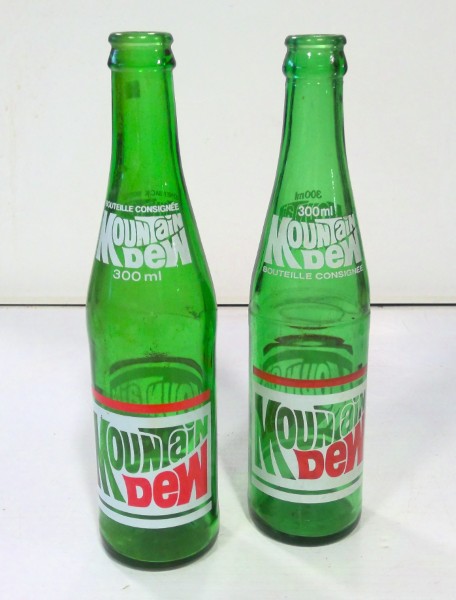 Lot of 2 Vintage Mountain Dew 300ML Glass Bottles Canadian Versions for sale