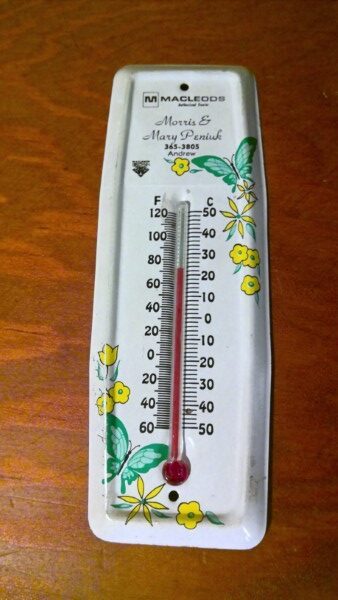 Vintage Macleods Dealer Morris & Mary Peniuk Saskatchewan Advertising Thermometer for sale