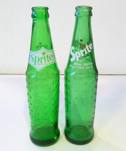 Lot of 2 Vintage Green Glass Sprite Bottles (2 different Varieties) for sale