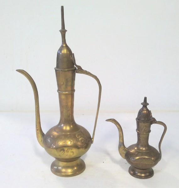 Pair Vintage Brass Ewers Pitchers Etched. Indian Brass. for sale