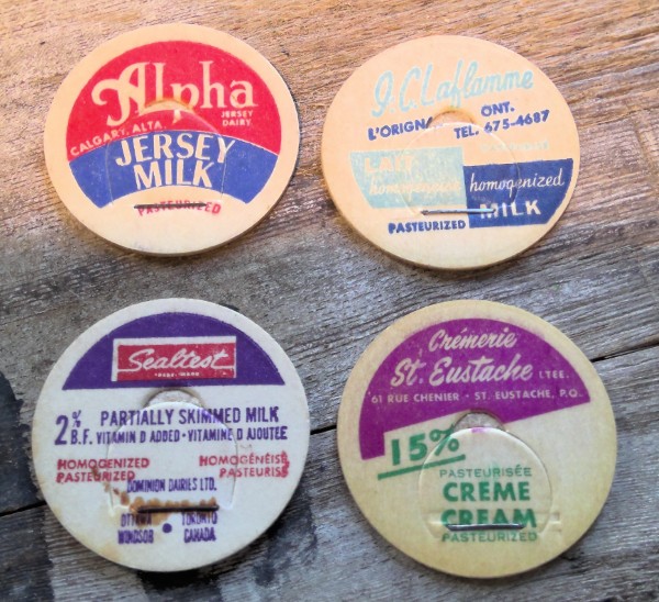 Lot of 4 Vintage Canadian Dairies Cream / Milk Bottle Tops for sale