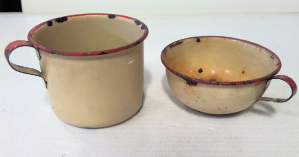 Lot of 2 Vintage Red Rim Enamel Mugs - Enamelware Cups for sale
