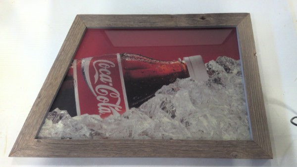 Vintage 1990s Coca-Cola Advertisement Framed in Glass with Barnboard Frame for sale