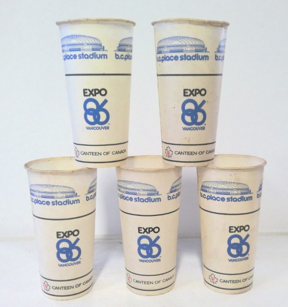 Vintage Expo 86 B.C. Place Stadium Disposable Wax Drinking Cups for sale