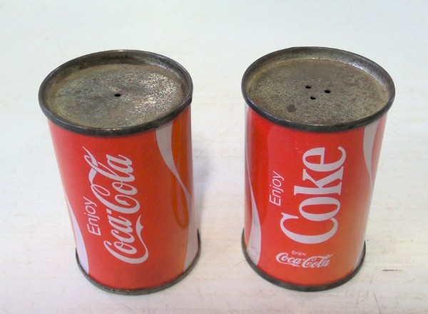 Vintage 1970s Coca-Cola Tin Salt & Pepper Shakers. for sale